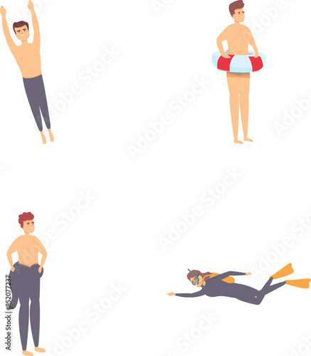 Diving icons set cartoon vector. Active young people diving and swimming. Water sport