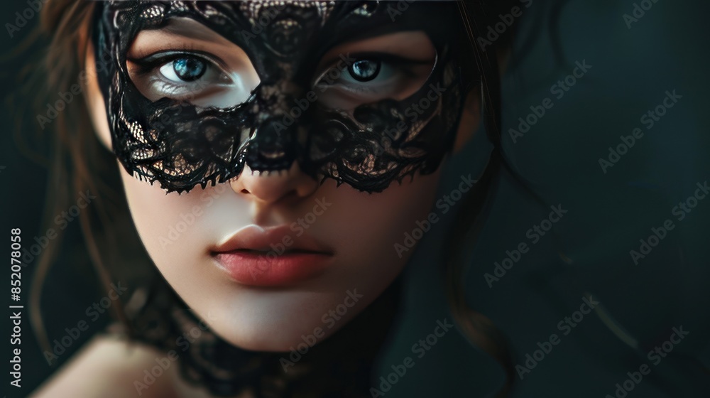 Close up of a beautiful mysterious young woman with black lace mask over her eyes on black background Close up of a beautiful mysterious young woman with black lace mask over her eyes on black background