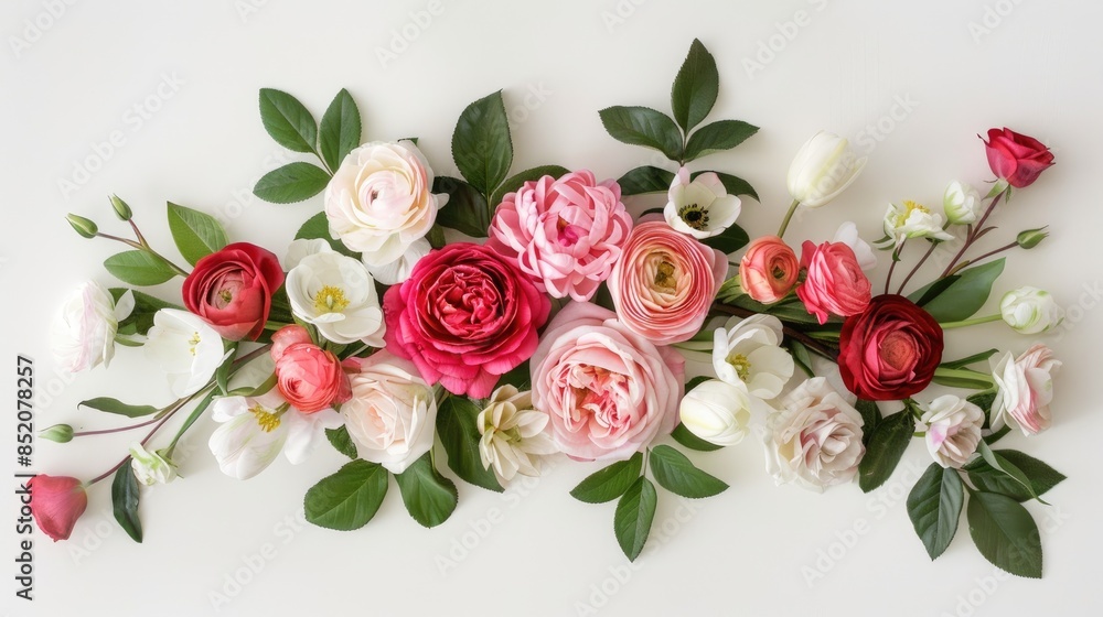 Fototapeta premium A charming arrangement featuring pink and red roses ranunculus white tulips and fresh green leaves adorns a white backdrop in a top down perspective