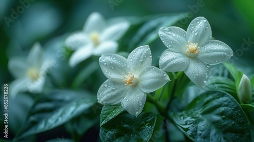 White Flowers with Dew Drops in Lush Greenery