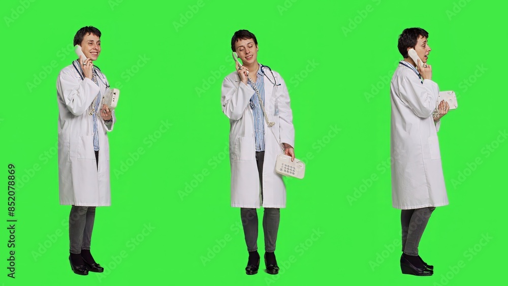 Physician answering landline phone call against greenscreen backdrop, talking to patients about checkup appointments. Medic having remote discussion on retro telephone with cord. Camera A. Physician answering landline phone call against greenscreen backdrop, talking to patients about checkup appointments. Medic having remote discussion on retro telephone with cord. Camera A.