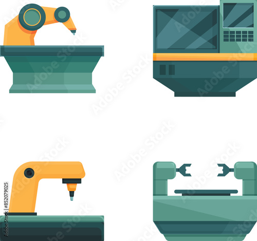 Cnc technology icons set cartoon vector. Computer controlled milling machine. Industrial tool