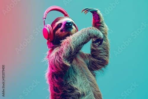 Fototapeta Naklejka Na Ścianę i Meble -  sloth animal dj in pink neon headphones dancing at party on blue turquoise background