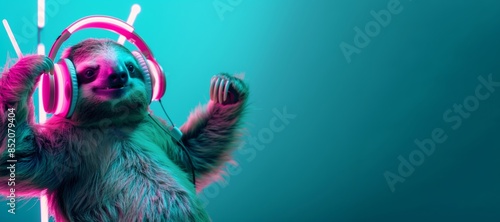 Fototapeta Naklejka Na Ścianę i Meble -  sloth animal dj in pink neon headphones dancing at party on blue turquoise background with copy space