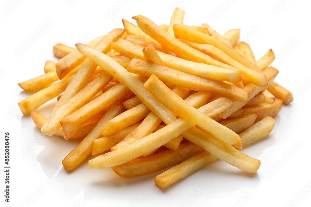 Golden Crispy French Fries, a popular snack or side dish, perfect for any time or occasion. Isolated on a white background. Golden Crispy French Fries, a popular snack or side dish, perfect for any time or occasion. Isolated on a white background.