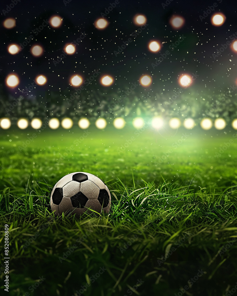 Fototapeta premium a soccer ball on green field with blur stadium at background