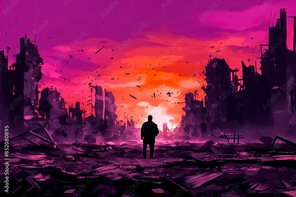 A man stands in a desolate cityscape with a sunset in the background A man stands in a desolate cityscape with a sunset in the background