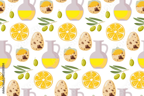 Mayonnaise sauce cooking and ingredients. Seamless pattern for making mayonnaise sauce. Mayonnaise recipe. Hand drawn vector Food template for menu, wallpaper, wrapping, textile, scrapbooking