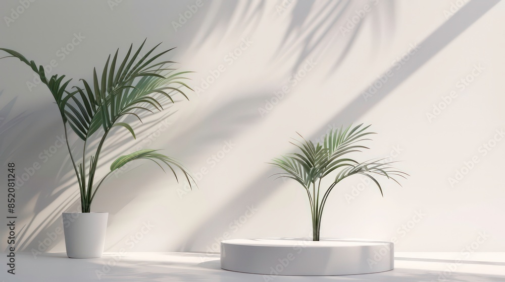 Minimalist blank podium design with an elegant white background featuring a plant creating a serene and modern atmosphere. Minimalist blank podium design with an elegant white background featuring a plant creating a serene and modern atmosphere.