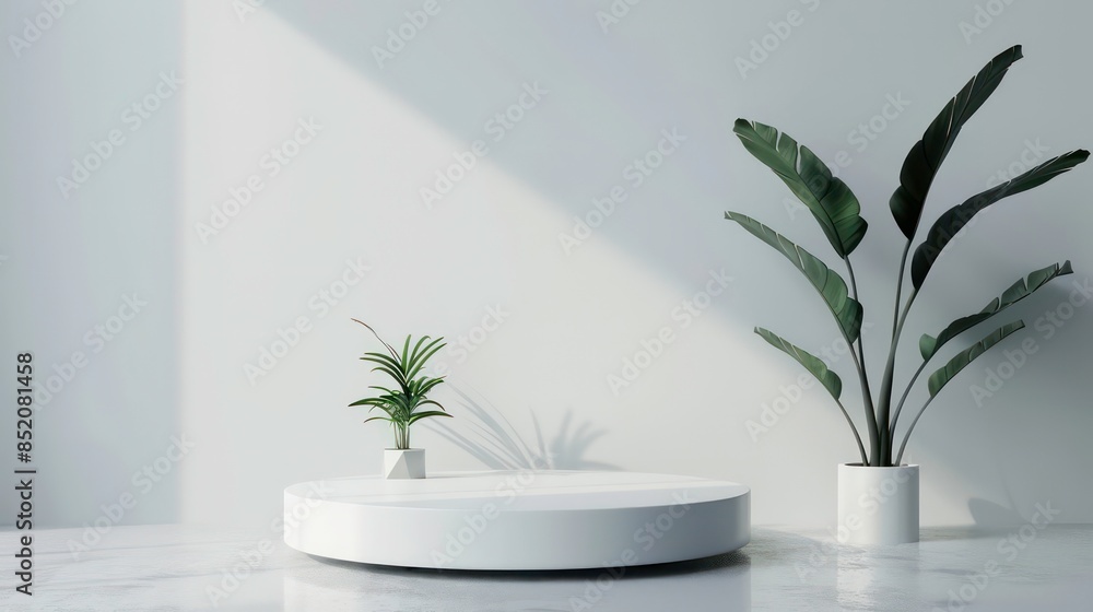 Minimalist blank podium design with an elegant white background featuring a plant creating a serene and modern atmosphere. Minimalist blank podium design with an elegant white background featuring a plant creating a serene and modern atmosphere.