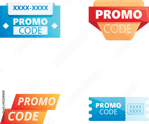 Promocode icons set cartoon vector. Colorful coupon template for big sale. Special offer