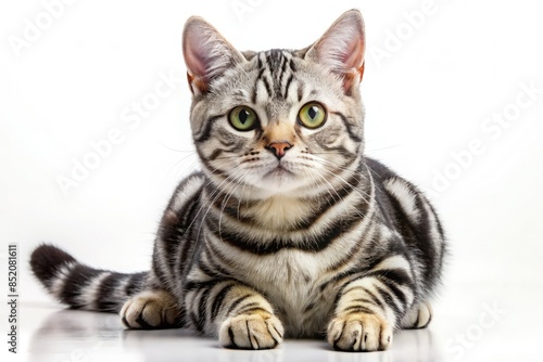 Silver Tabby American Shorthair Cat Lying on White Background. Generative AI