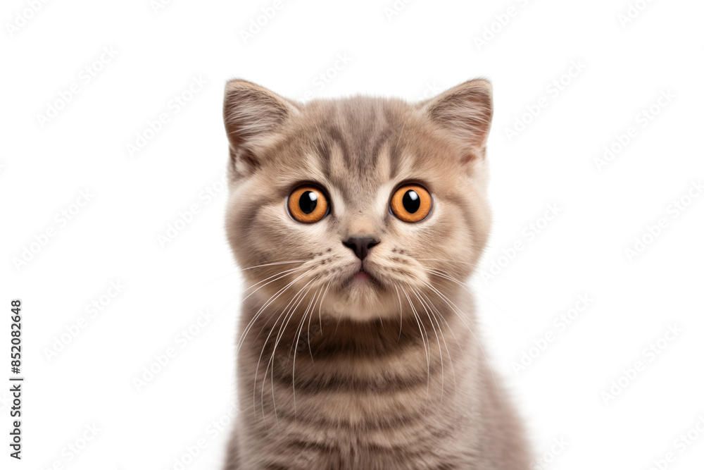 Obraz premium Cute american scottish fold kitty looking at camera. Head close-up portrait of american scottish fold cat. White Isolated background. Generative AI