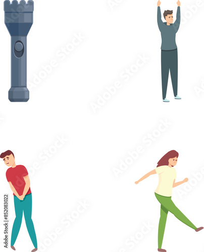 Repelling attack icons set cartoon vector. Character defends from attack. Aggression concept