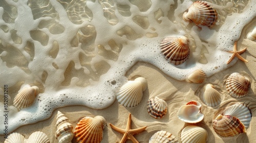 Various mollusc shells are scattered on the sandy beach, creating a beautiful pattern. These natural materials originate from the water and terrestrial animals AIG50 © Summit Art Creations