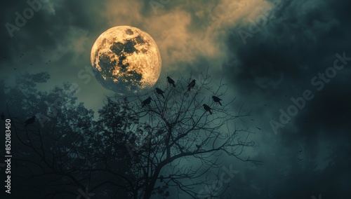 Full Moon Night With Crows Perched on a Bare Tree