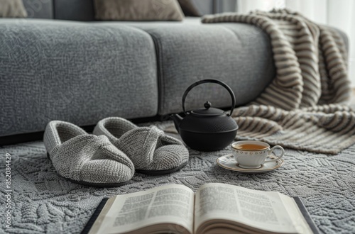 Cozy Living Room With Grey Slippers, Teapot, and Open Book