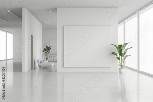 Modern white coworking office interior with blank wall