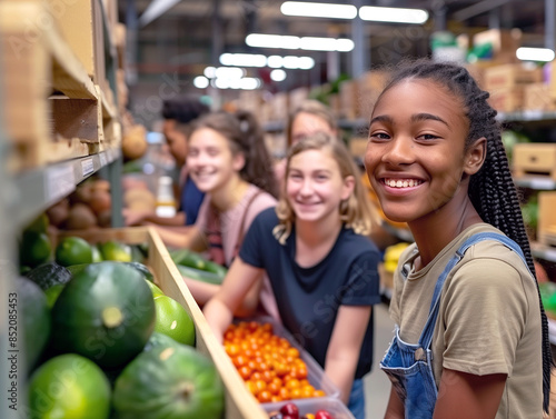 Diverse young teens help at a food bank, volunteering and donating on a school trip