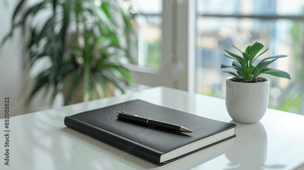 Workspace with black notebook pen coffee and plant on white table Creative office setting Workspace with black notebook pen coffee and plant on white table Creative office setting