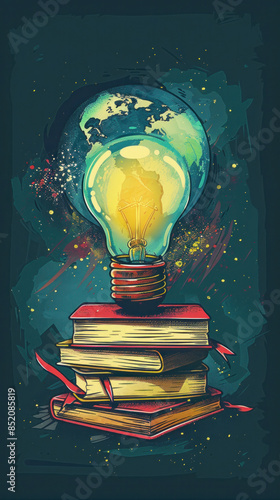 A stack of books with a glowing light bulb on top, symbolizing knowledge, innovation, and global ideas..