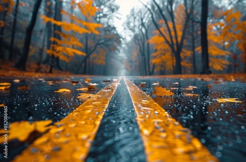 Wet Road With Yellow Lines Through Autumn Trees