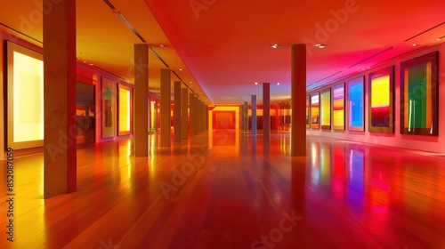 Interior view of a modern art museum after closing time. Large  colorful open gallery with bright lighting.