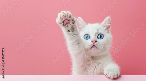 British Shorthair cat with white fur blue eyes paw raised posing on counter pink background
