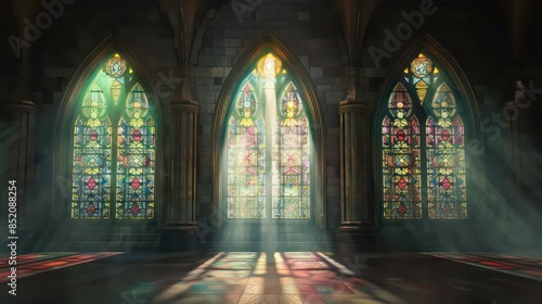 Interior design element  just the wall  dark wall with inset molding  church stained glass  with light shining in  sacred  symmetrical.