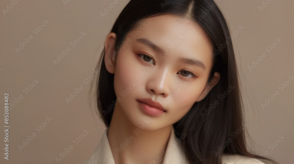 Close up portrait of beautiful Asian young woman in 20s with perfect glowy skin Close up portrait of beautiful Asian young woman in 20s with perfect glowy skin
