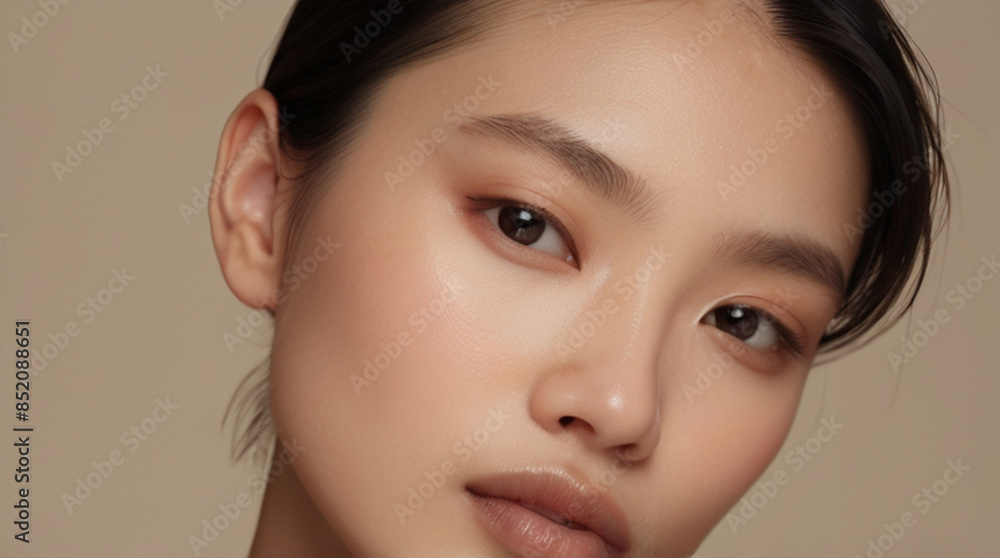 Fototapeta premium Close up portrait of beautiful Asian young woman in 20s with perfect glowy skin