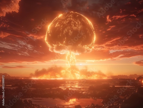 Hyperrealistic natural look a A massive nuclear explosion with a mushroom cloud, smoke and fire rising from the ground. 