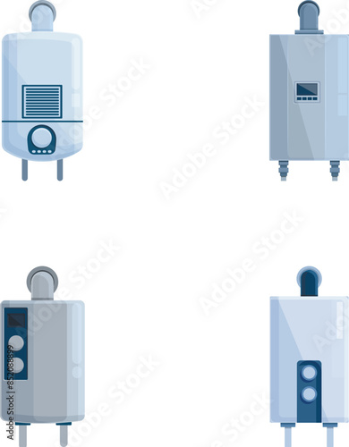 Home furnace icons set cartoon vector. Gas boiler and electric water heater. Heating equipment