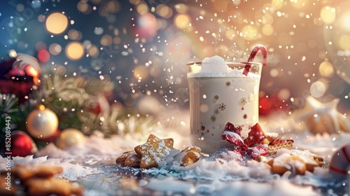 A digitally created image showcases snow gracefully descending over a festive scene of milk and cookies blending the themes of World Milk Day and Christmas in a captivating way