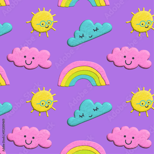 Plasticine 3d background seamless pattern of sun, rainbow, clouds . Vector kids package, wrapping paper