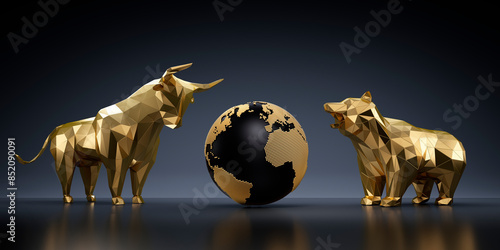 Isolated golden bull and bear with earth globe on dark blue backdrop, 3D illustration