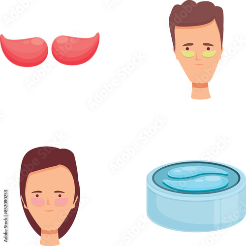 Cosmetic patches icons set cartoon vector. People with patches under eye. Beauty product