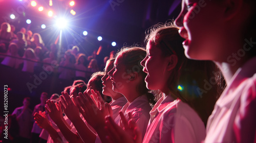 Children's choir performing on stage under colorful lights
