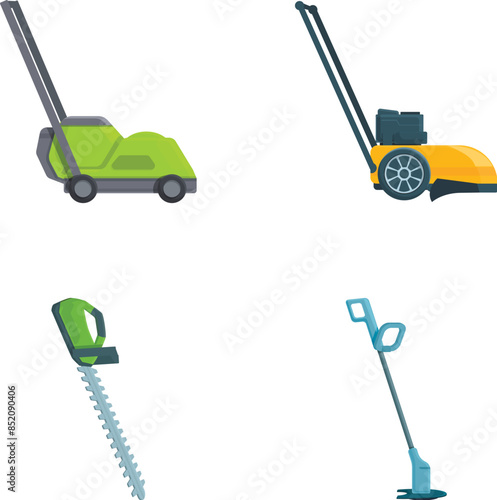 Lawnmower icons set cartoon vector. Electric lawn mower and grass trimmer. Gardening equipment