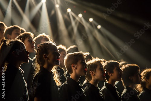 Children's choir performing on stage under colorful lights