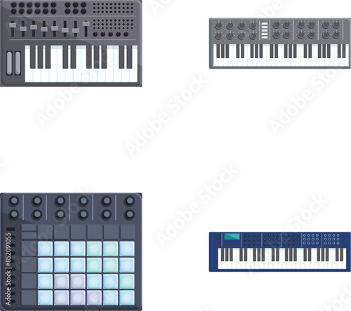 Synthesizer instrument icons set cartoon vector. Electromusical techno synth. Musical instrument