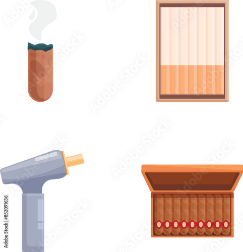 Cuban cigar icons set cartoon vector. Cigarette, cigar and smoking device. Tobacco product