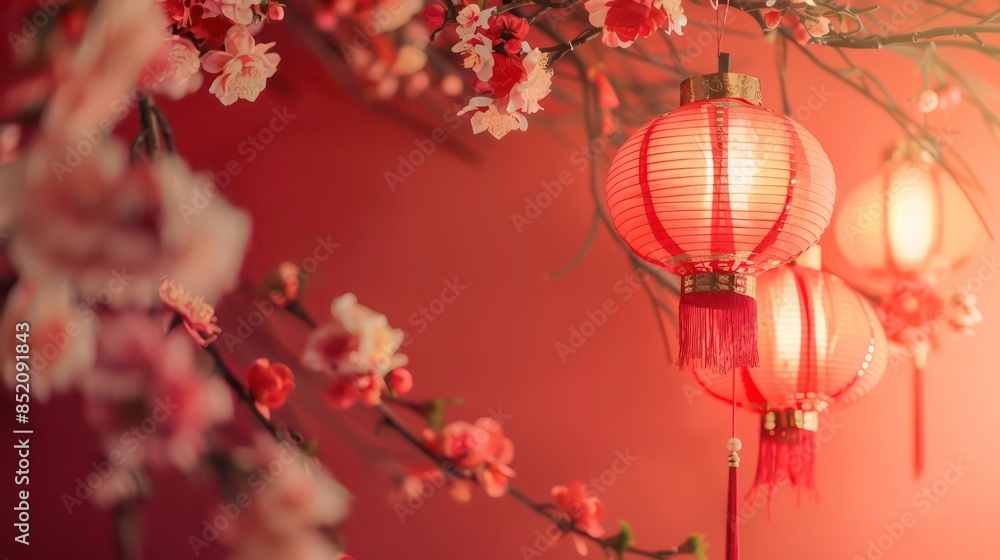 Happy chinese new year, year of the dragon zodiac sign hanging beautiful lantern and flowers on red background.Generative AI Happy chinese new year, year of the dragon zodiac sign hanging beautiful lantern and flowers on red background.Generative AI
