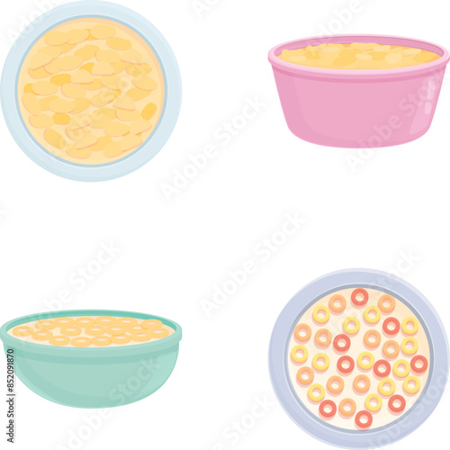 Cornflake icons set cartoon vector. Bowl of breakfast cereal and cornflake. Food concept