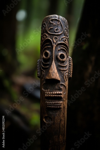 a carved wooden stick with a face on it © AberrantRealities