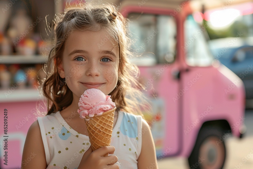 Cute little girl holding ice cream in a waffle cone. Cute little girl holding ice cream in a waffle cone.