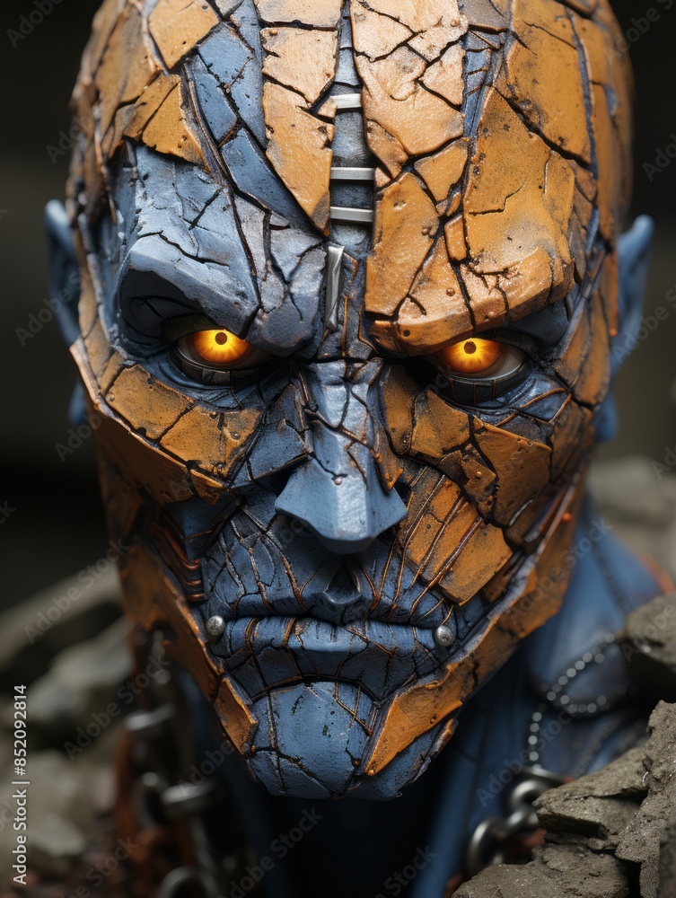 a close up of a mans face with orange eyes