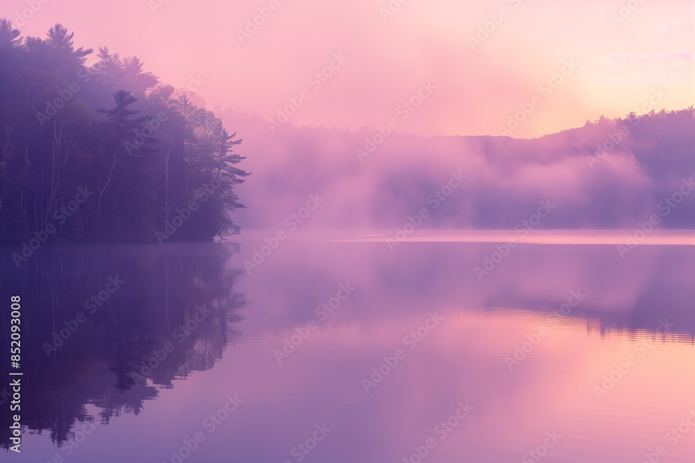 Fototapeta premium serene lakeside scene captured at dawn where mist rises over still waters, surrounded by a tranquil forest in pink hues