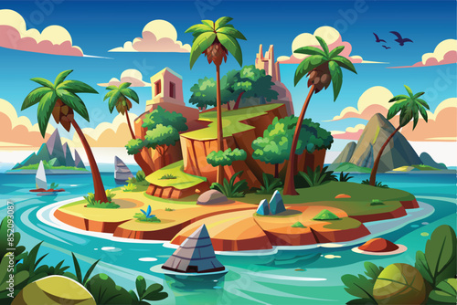 On an island in the middle of the sea with palm trees, there is a small house. background vector