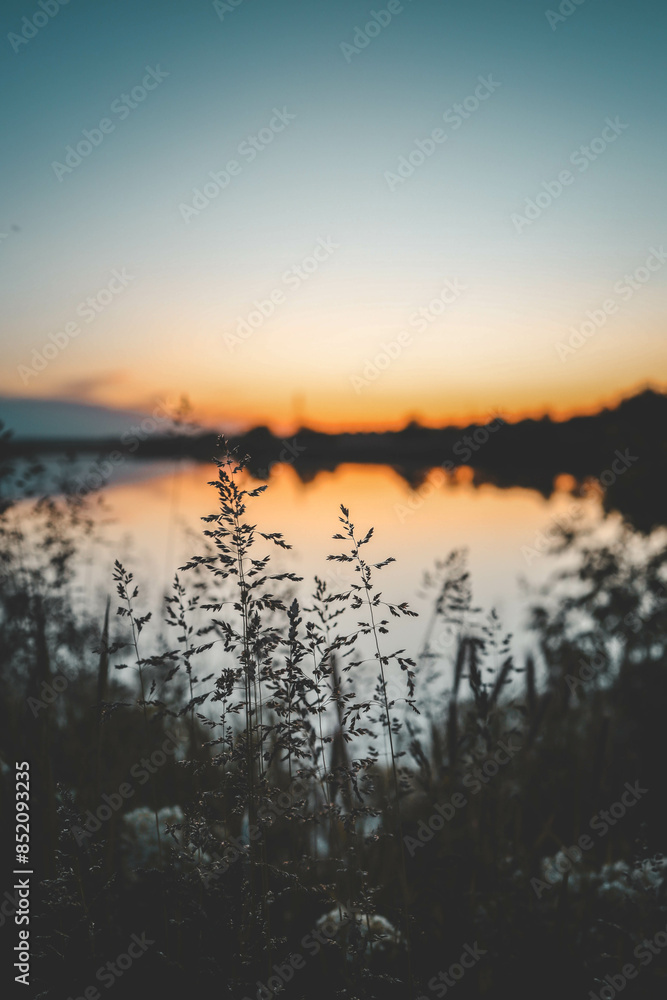 Beautiful scenic view at nice landscape on a beautiful lake and colorful sunset with reflection on water with green grass on foreground and glow on a background, spring season landscape Beautiful scenic view at nice landscape on a beautiful lake and colorful sunset with reflection on water with green grass on foreground and glow on a background, spring season landscape